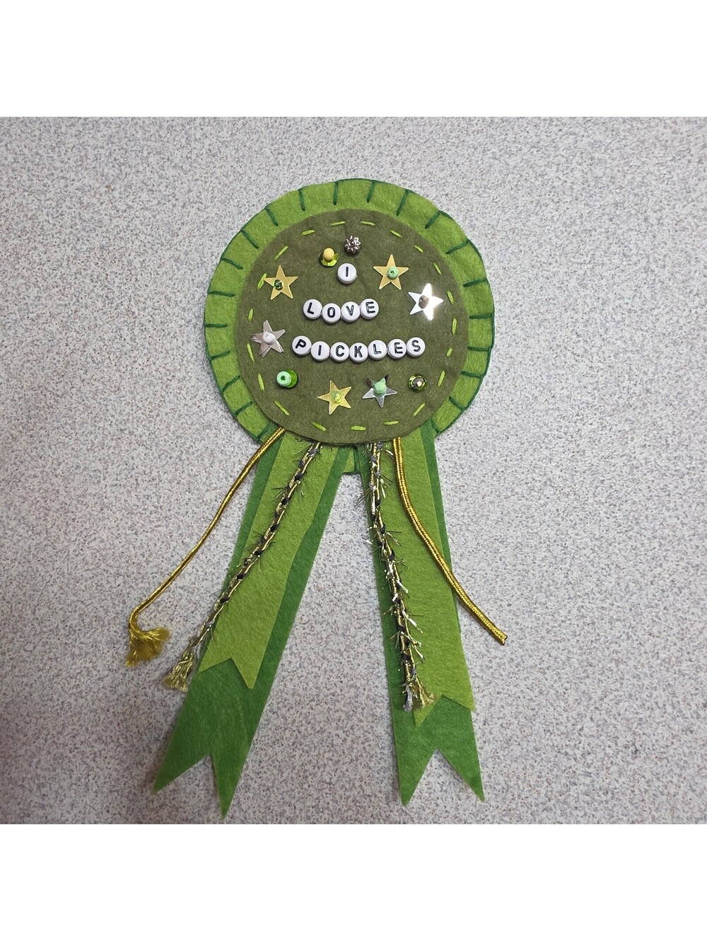 Handmade Green Felt Ribbon Badge with 'I Love Pickles' Beaded Design